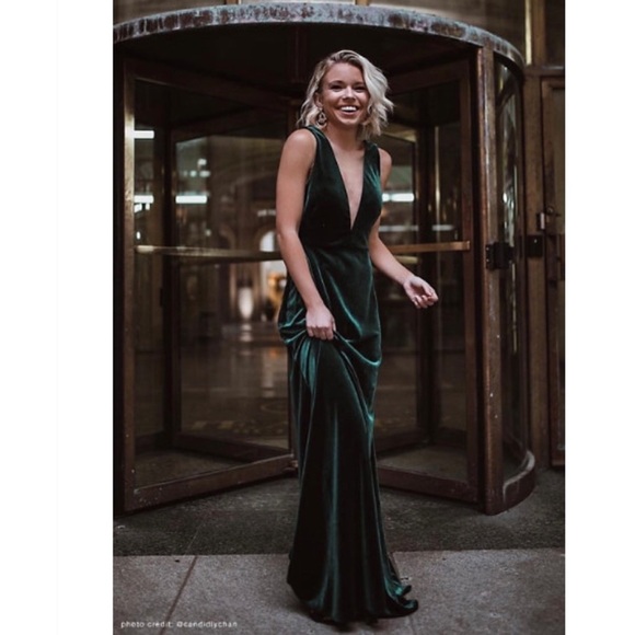 bhldn velvet green dress Off the shoulder Dark Green Velvet High split Prom Dress with detachable train